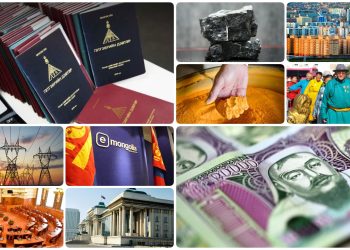 A collage for 2024 оны учиртай 10 тоо showcases passports, coal, apartments, electricity pylons, a hand with ore, people in traditional attire, a government building, and currency notes.