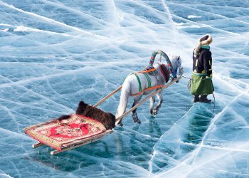 A person wearing a fur hat and green attire leads a white horse pulling a decorated sled across a vast, textured frozen lake. The ice is clear and marked with numerous white cracks.